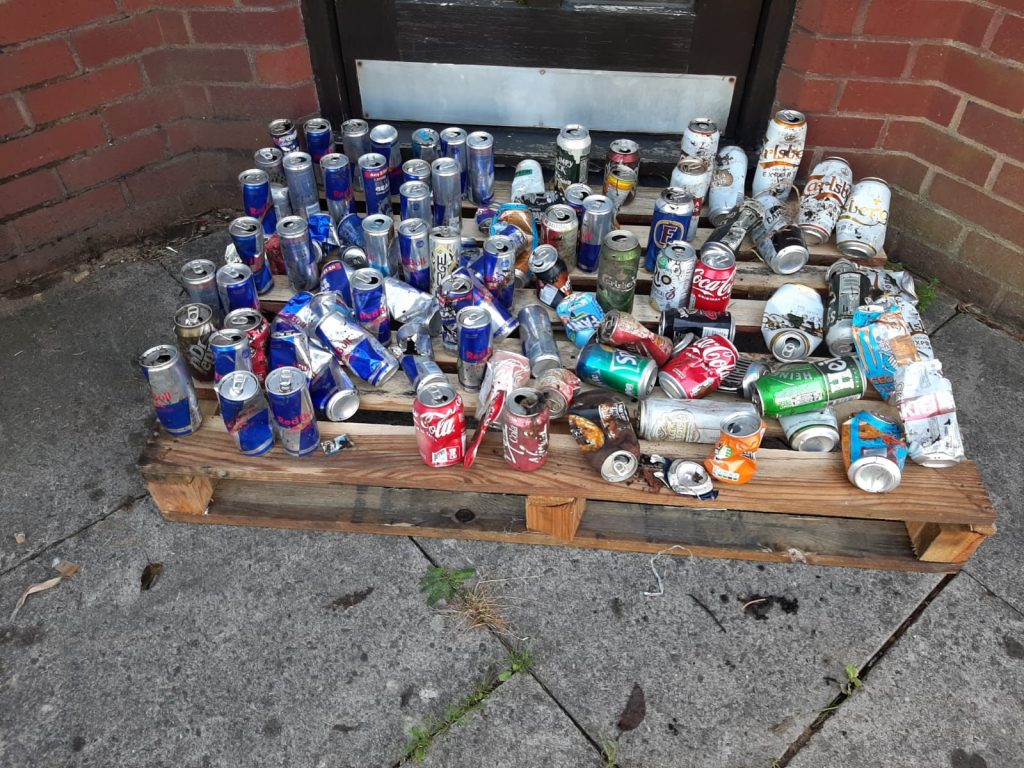Photo of over 50 cans collected by the Batchwood Pickers