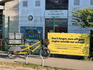 photo of cargo e-bike in front of school